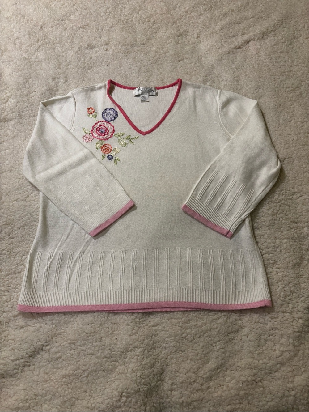 White V-Neck Floral Embroidered Sweater with Pink Trim0426